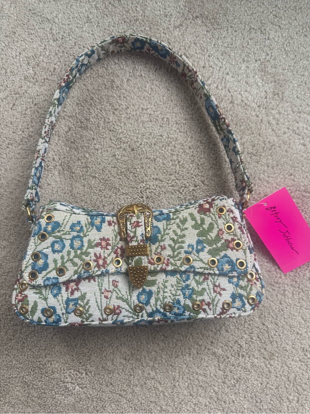 Betsey Johnson Blue, Green & Cream Floral Shoulder Bag with Gold Accents